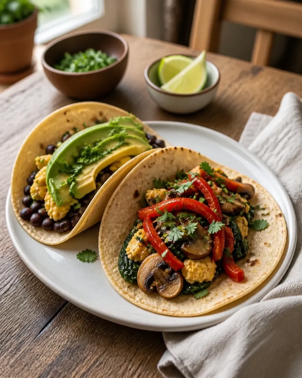 Two spinach and mushroom breakfast taco variations with avocado, black beans, roasted pepper, and fresh herbs
