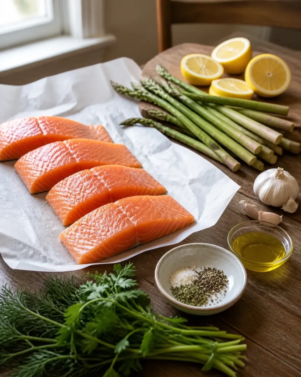 Raw salmon fillets, asparagus, lemons, garlic, and fresh herbs ready for a sheet pan dinner