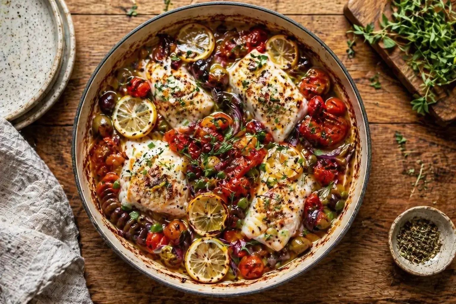 Mediterranean One-Pan Baked Cod with Olives