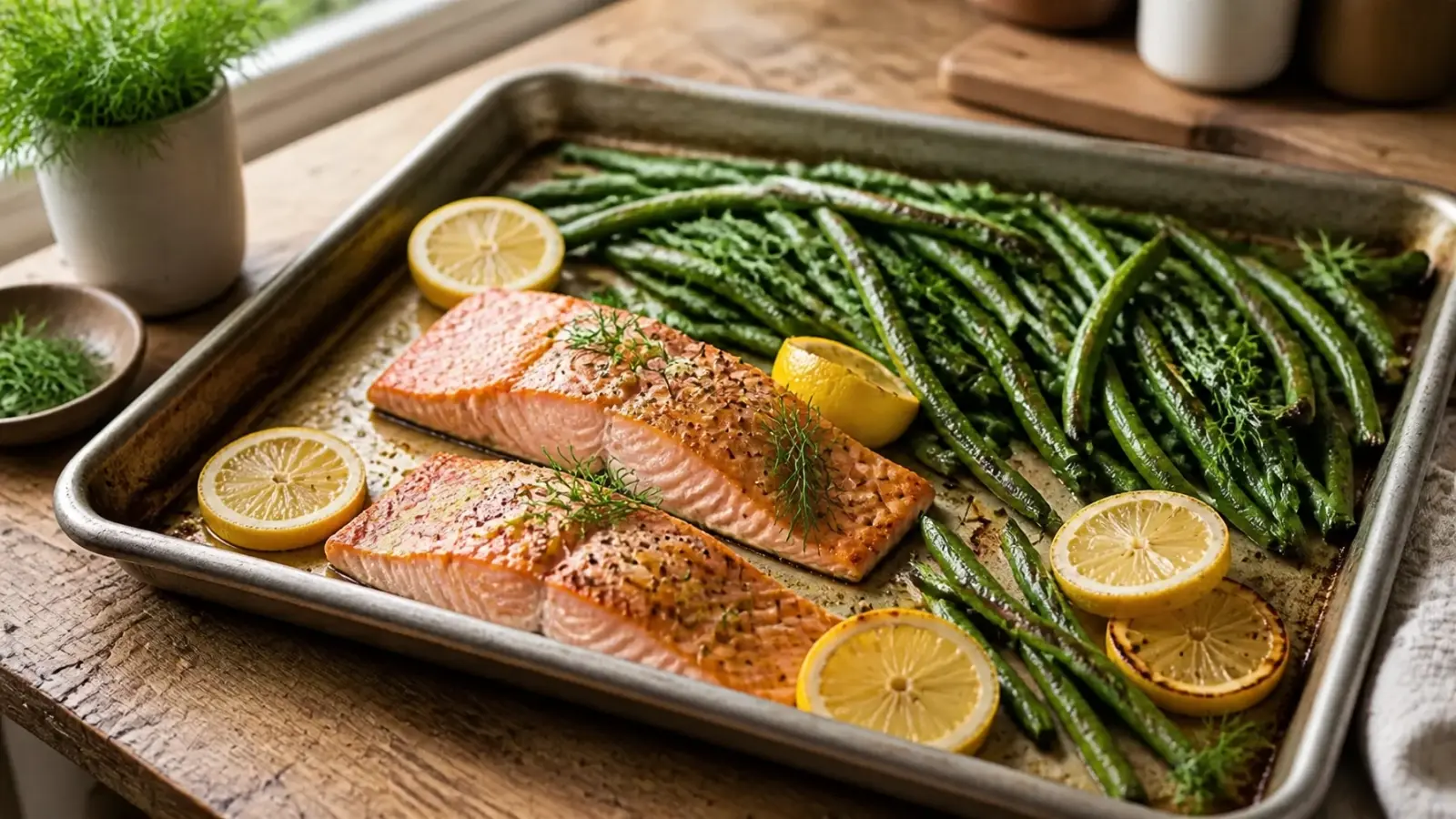 One-Pan Roasted Lemon Herb Salmon and Green Beans
