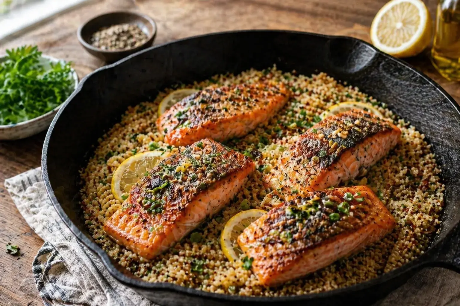One-Pot Garlic Butter Salmon and Quinoa