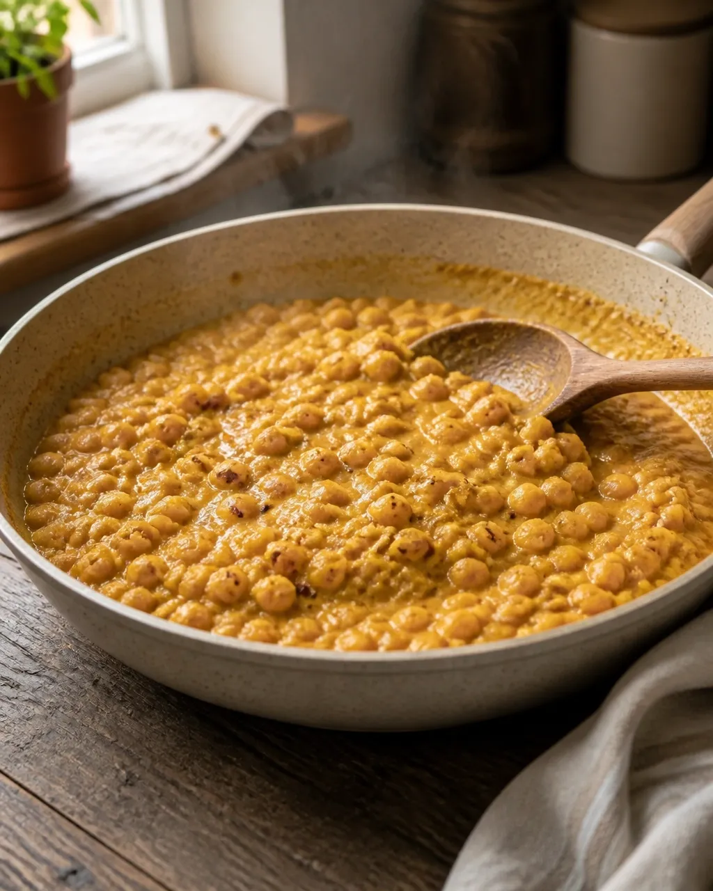 Coconut chickpea curry simmering in a skillet with visible aromatics, spices, and gentle steam