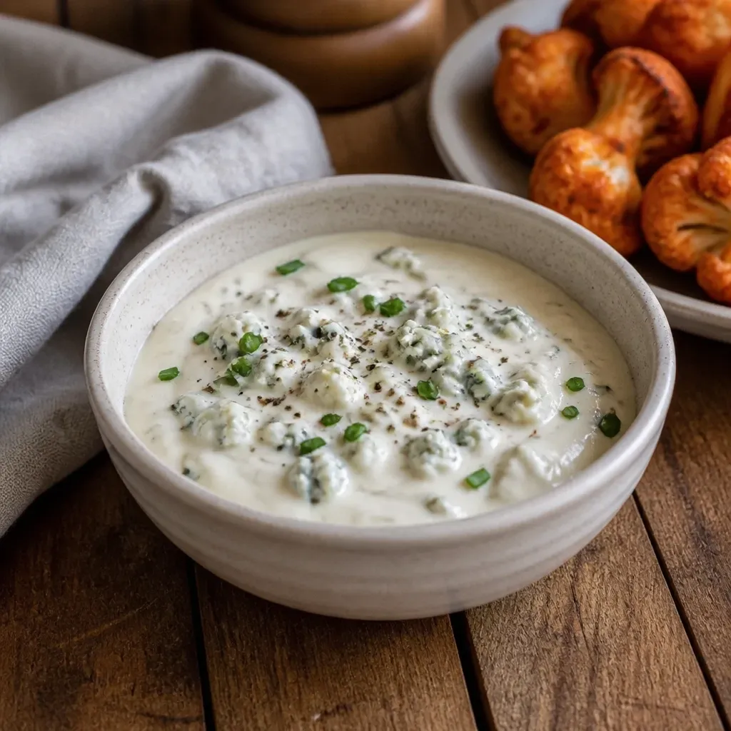 Creamy blue cheese dip with visible crumbles and herbs, served beside buffalo cauliflower bites