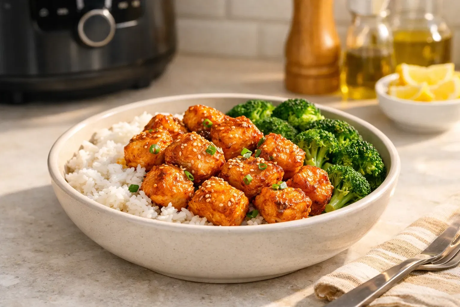 Crispy air-fried tofu cubes tossed in a sesame glaze, illustrating a protein variation