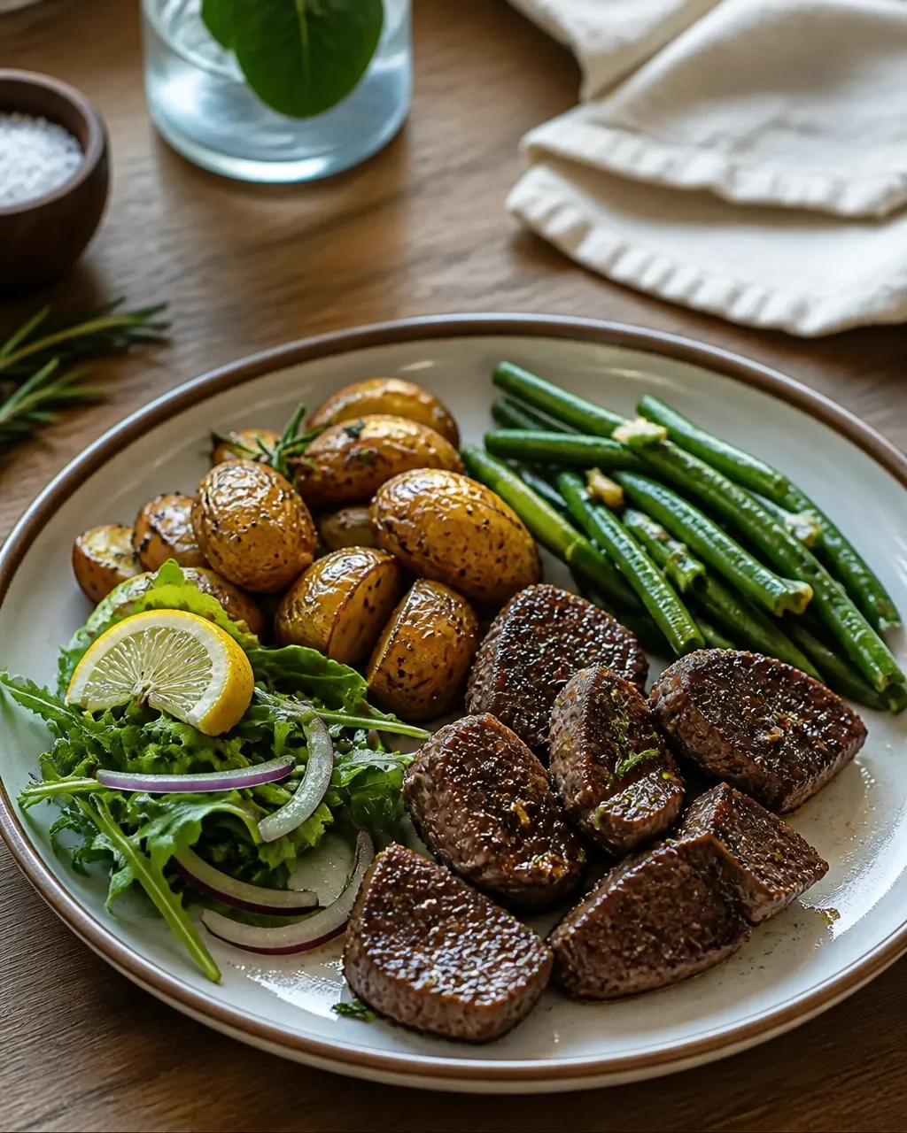 Balanced dinner plate with steak bites, green beans, potatoes, and salad