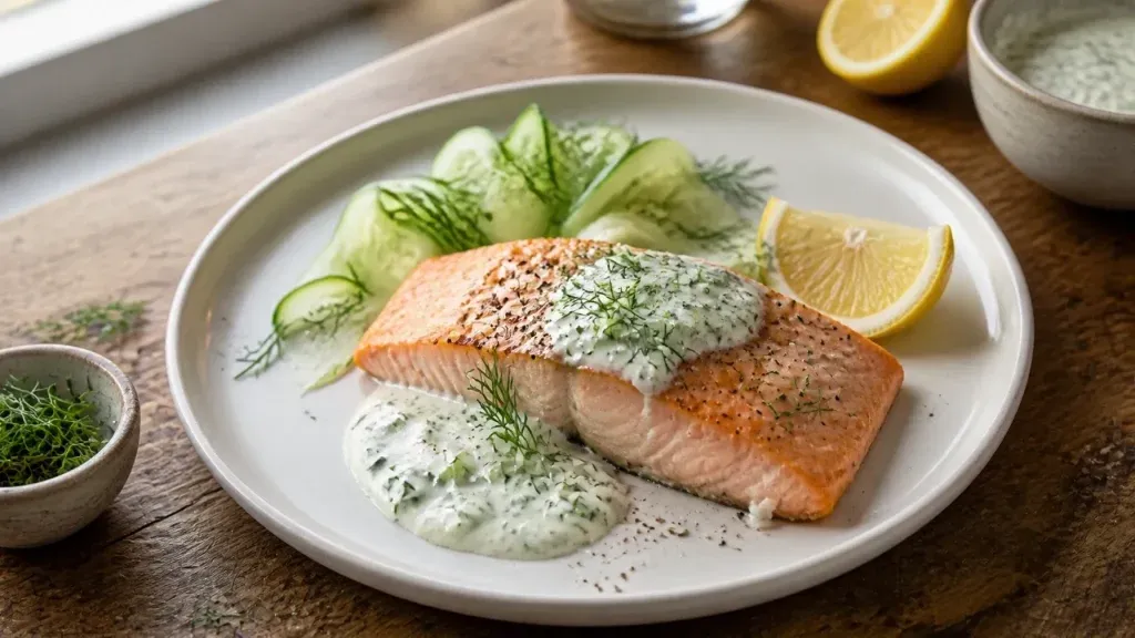 Keto Recipes for Beginners: Baked Salmon with Creamy Cucumber Dill Sauce