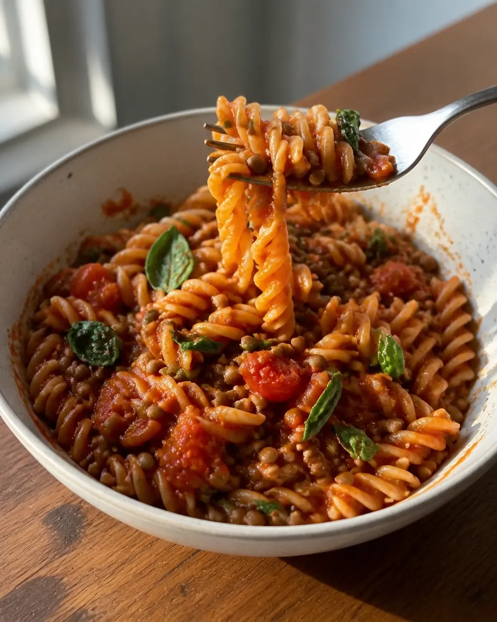 A fork lifting saucy pasta from a bowl of creamy tomato lentil pasta
