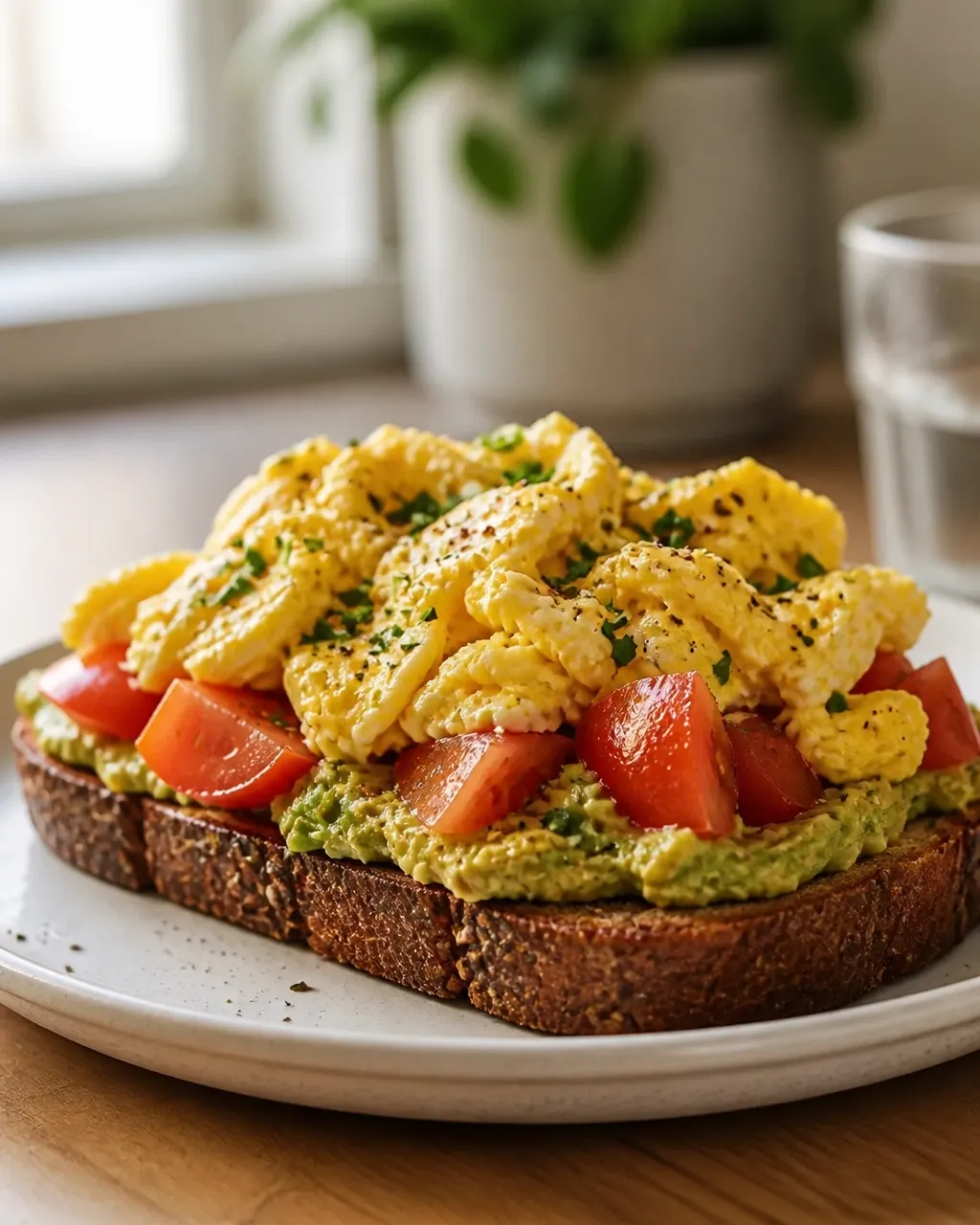 Tomato avocado toast topped with softly scrambled egg, herbs, and cracked black pepper