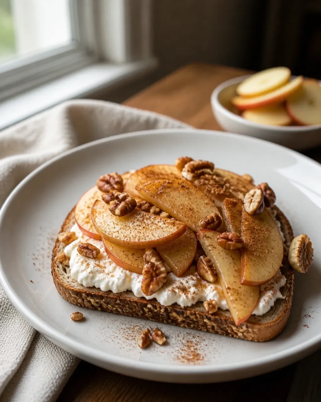Close-up of cinnamon apple cottage cheese toast with softly browned apple slices