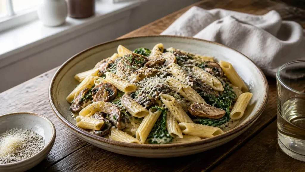 Simple Pasta Recipes: Creamy Mushroom Spinach Penne
