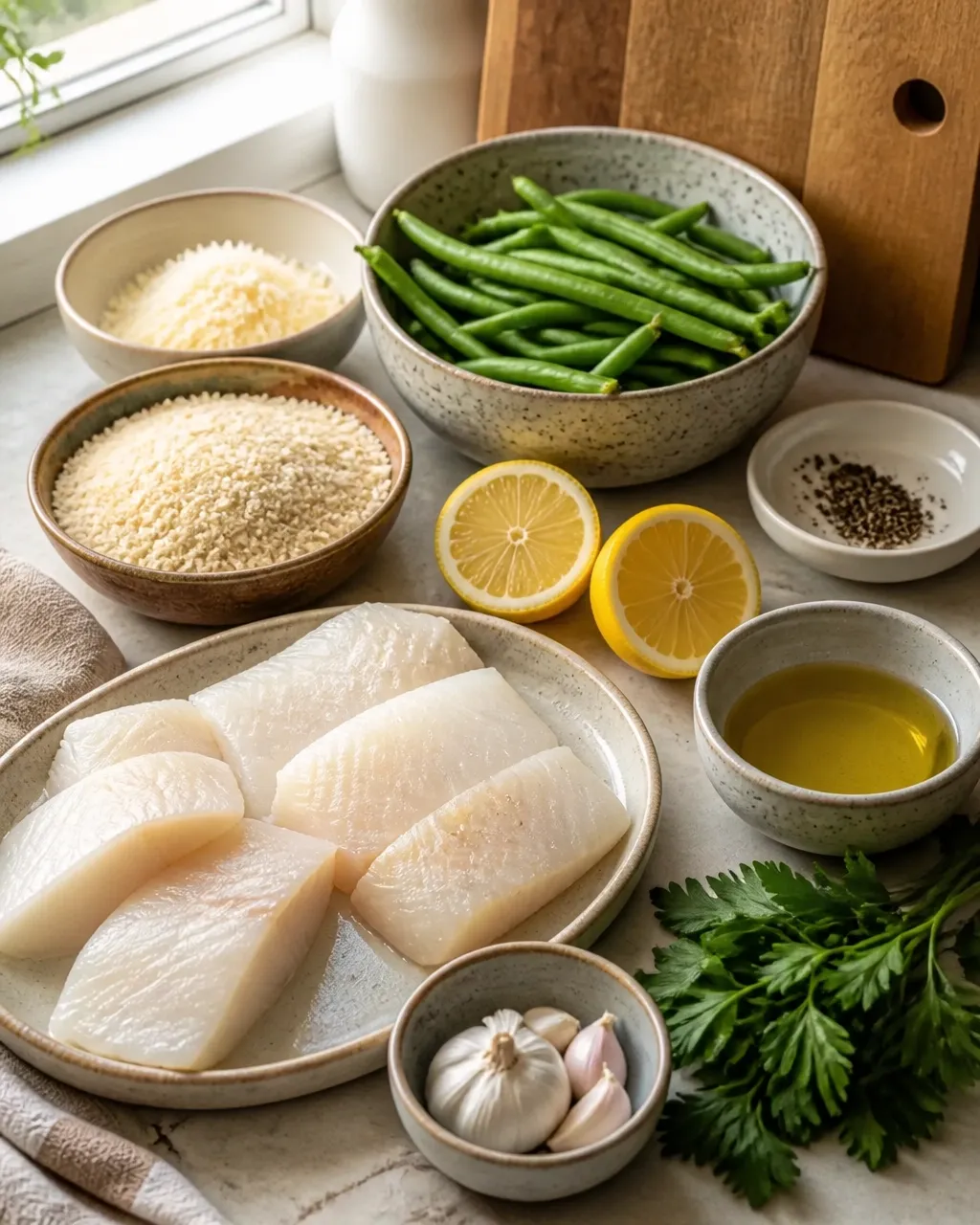 Fresh cod, green beans, lemon, Parmesan, and breadcrumbs arranged on a kitchen counter