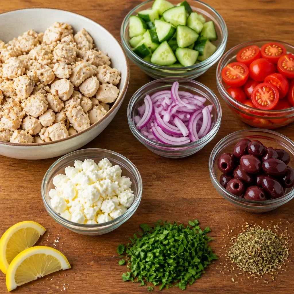 Raw and ready-to-use components for a keto Mediterranean chicken salad arranged on a wooden kitchen counter