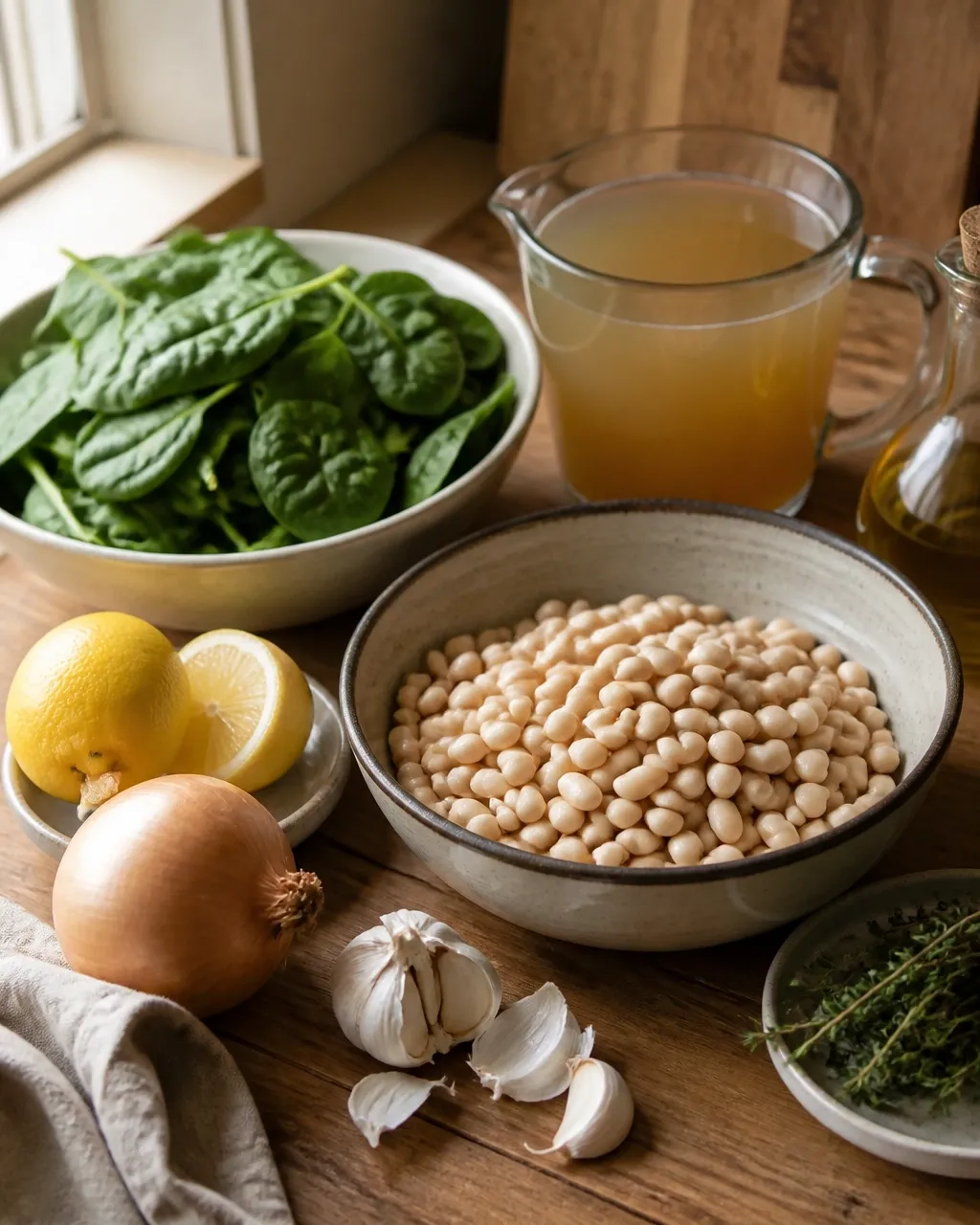 Raw white beans, fresh spinach, onion, garlic, lemon, broth, and herbs on a home kitchen counter