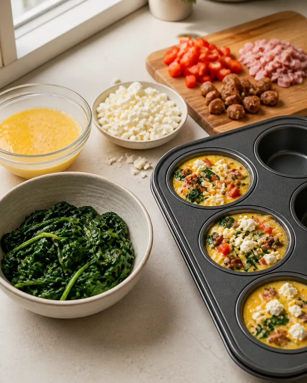 A muffin pan with spinach and feta quiche mixture alongside bowls of eggs, wilted spinach, and feta