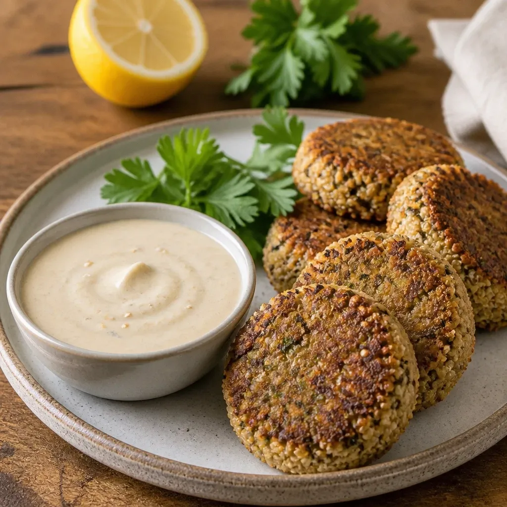 Lemon-garlic tahini sauce served beside crispy lentil and quinoa patties