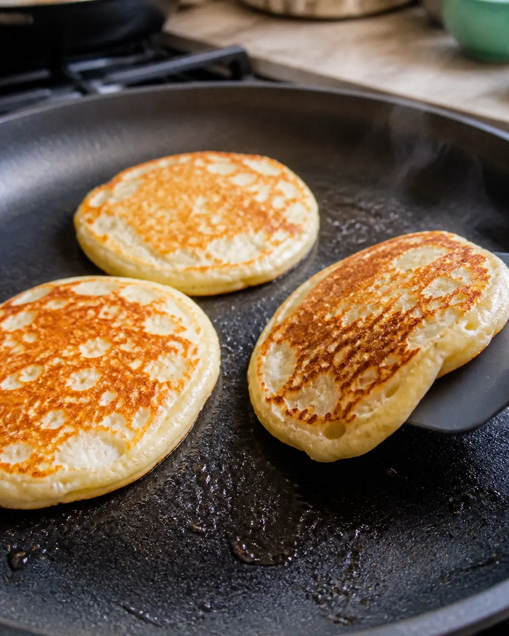 Cottage cheese protein pancakes cooking in a skillet, with bubbles forming before flipping