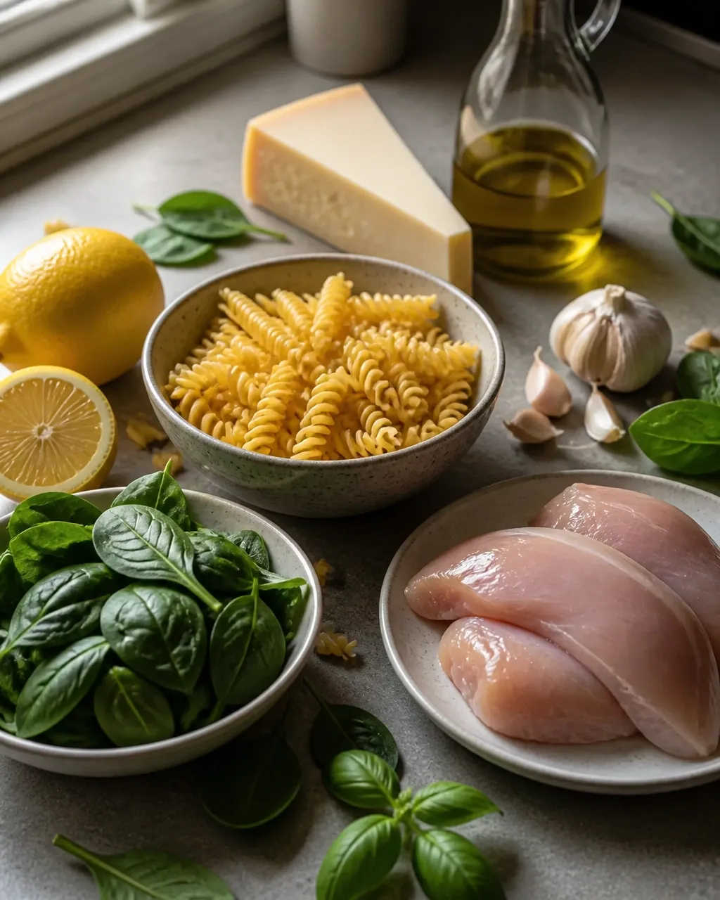 Fresh spinach, basil, garlic, lemon, rotini, Parmesan, olive oil, and chicken arranged casually for a home-cooked pasta dinner