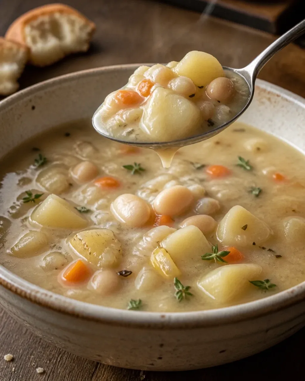A spoon lifting creamy chowder to show its thick broth, potatoes, and white beans