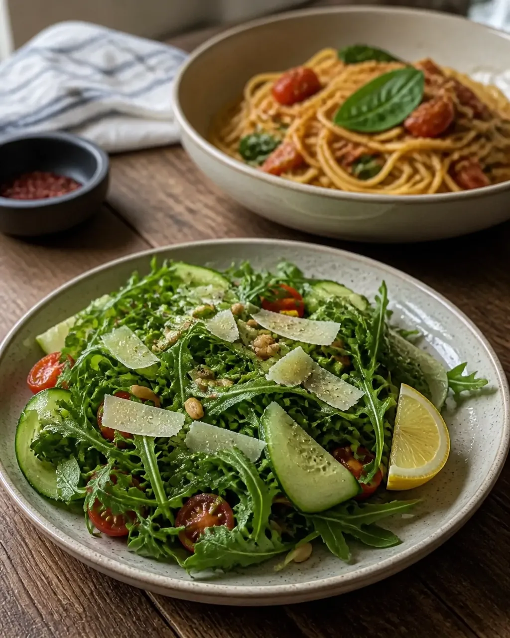 Garlic butter tomato basil spaghetti served with a fresh arugula and cucumber salad