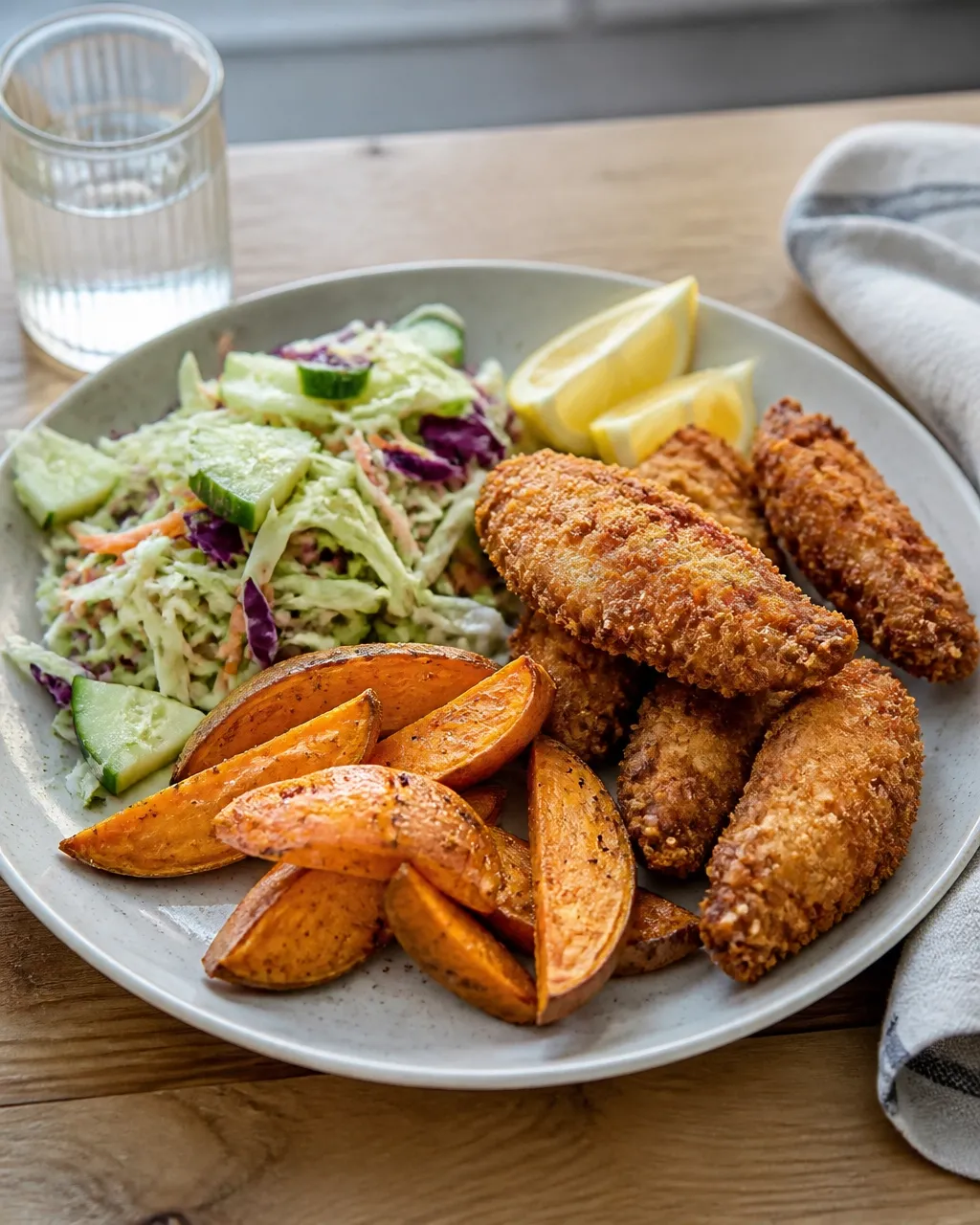 Crispy air fryer chicken tenders served with cabbage slaw, sweet potato wedges, and lemon