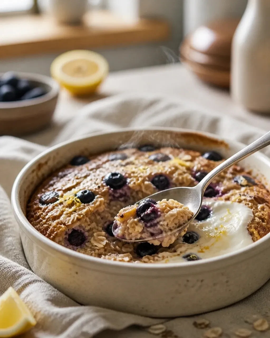 Tender blueberry lemon chia oat bake square topped with yogurt and lemon zest