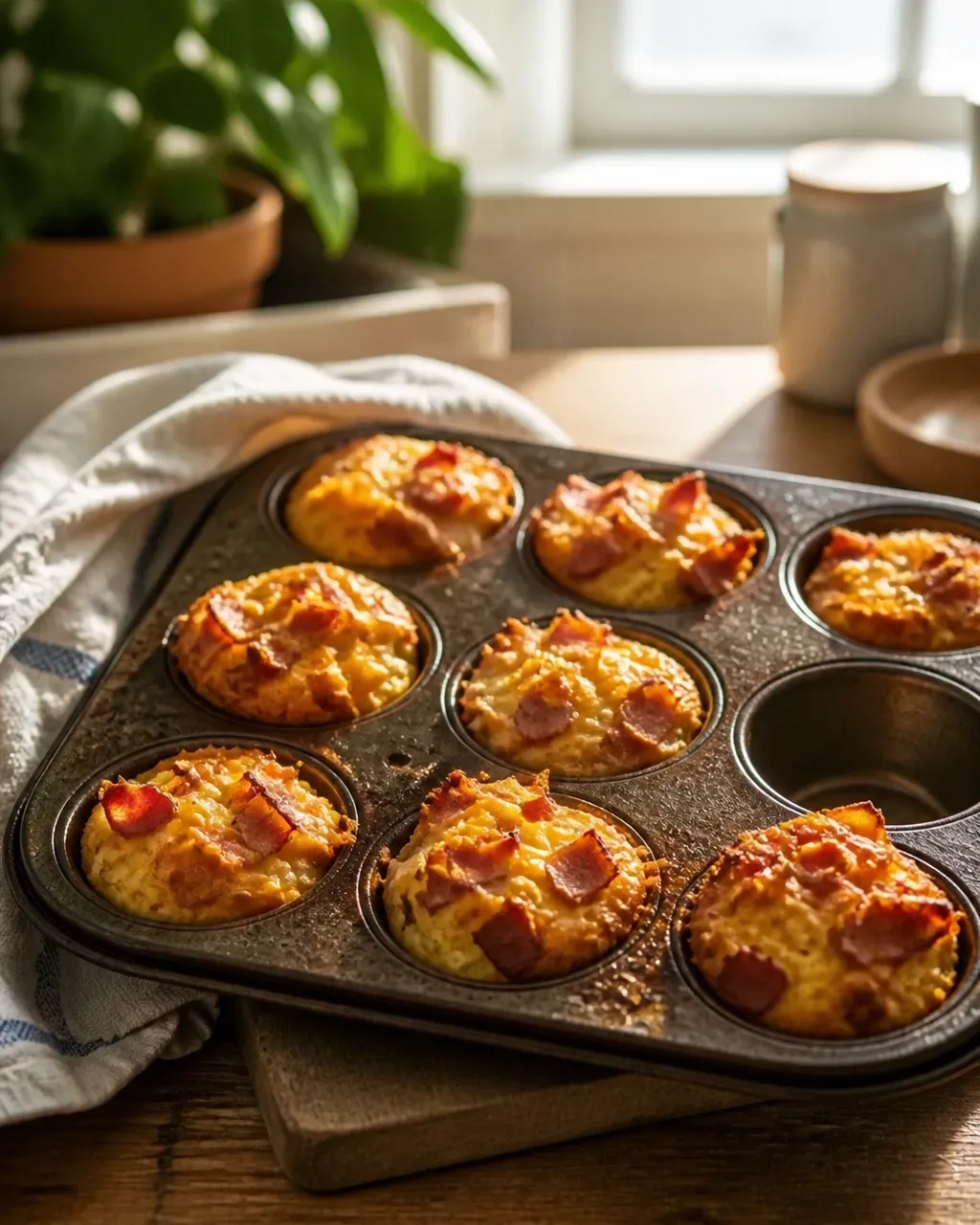 Freshly baked bacon and cheddar egg muffins puffed unevenly in a dark metal muffin tin