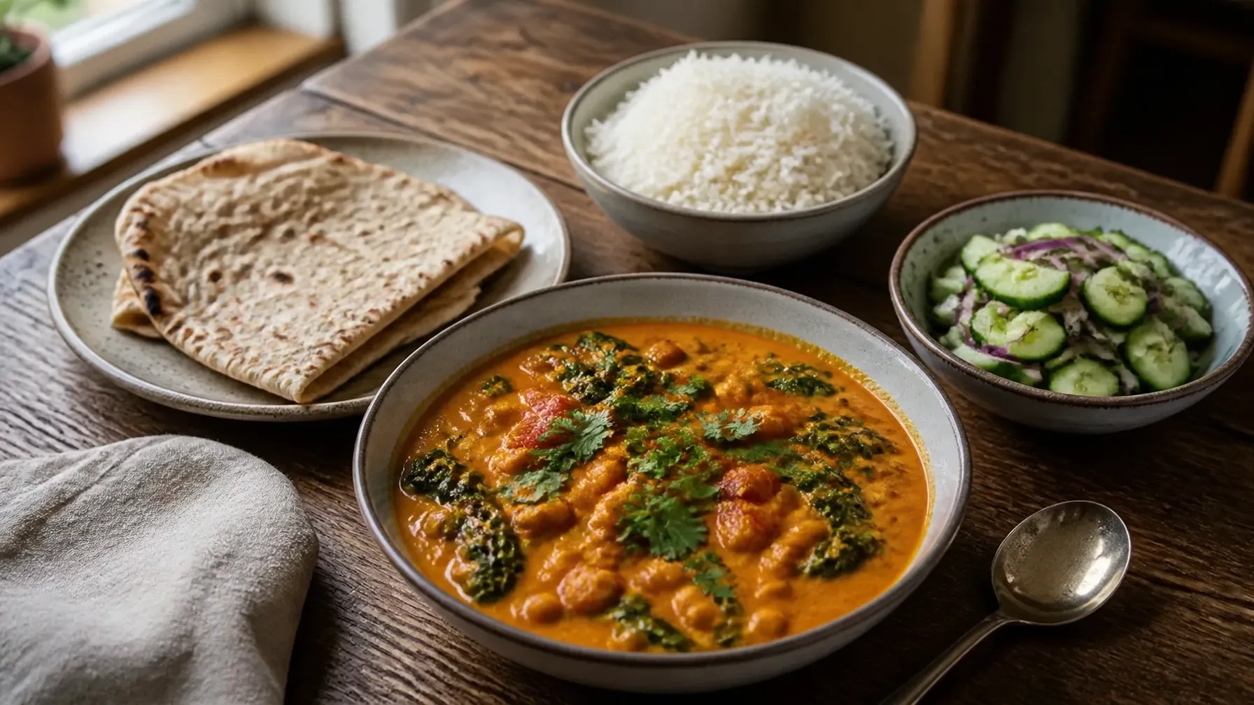 Coconut chickpea curry served with rice, cucumber salad, flatbread, and simple plant-based sides