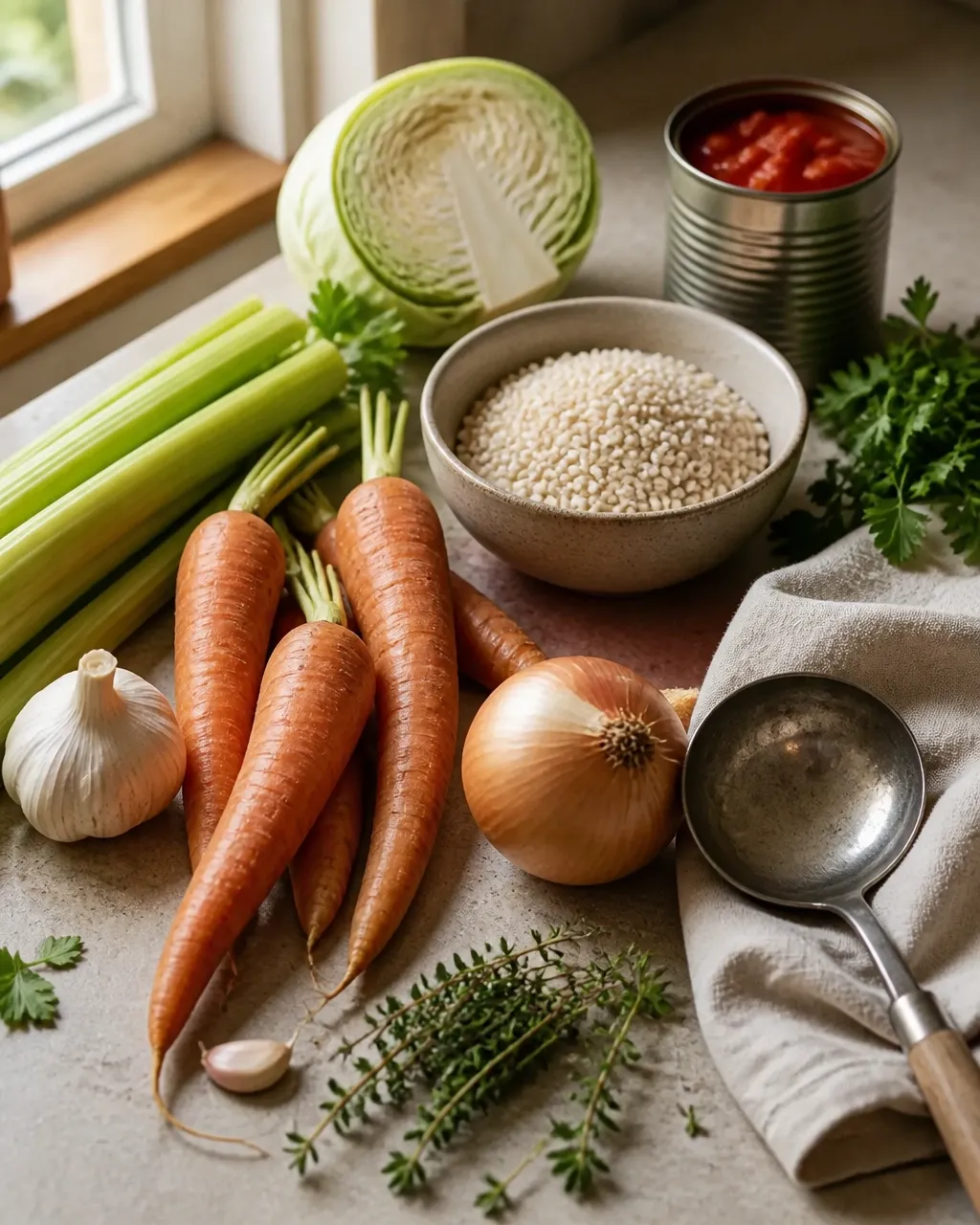 Pearled barley and vegetables arranged on a simple kitchen counter