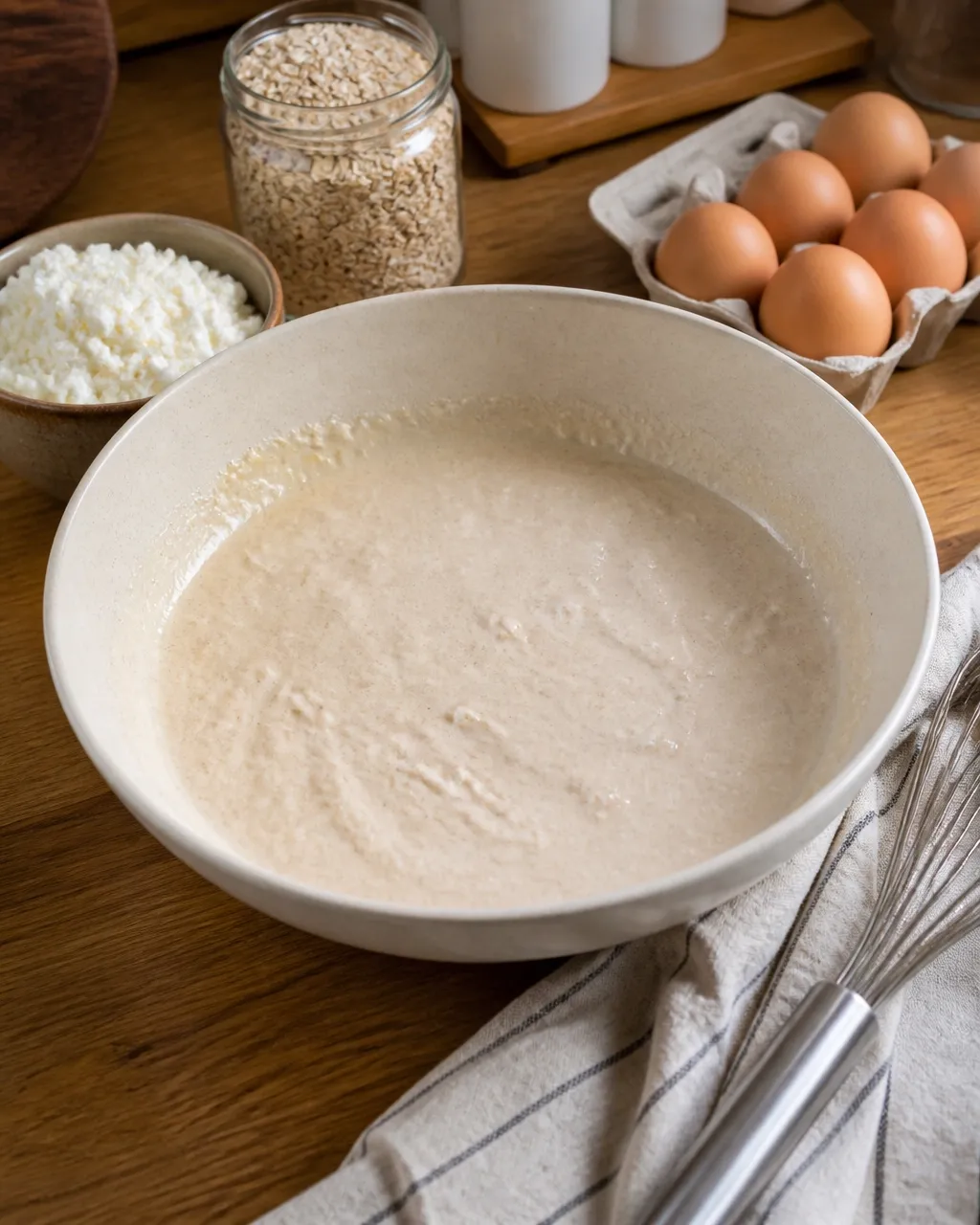 Cottage cheese pancake batter in a mixing bowl with oats and eggs on a wooden kitchen table