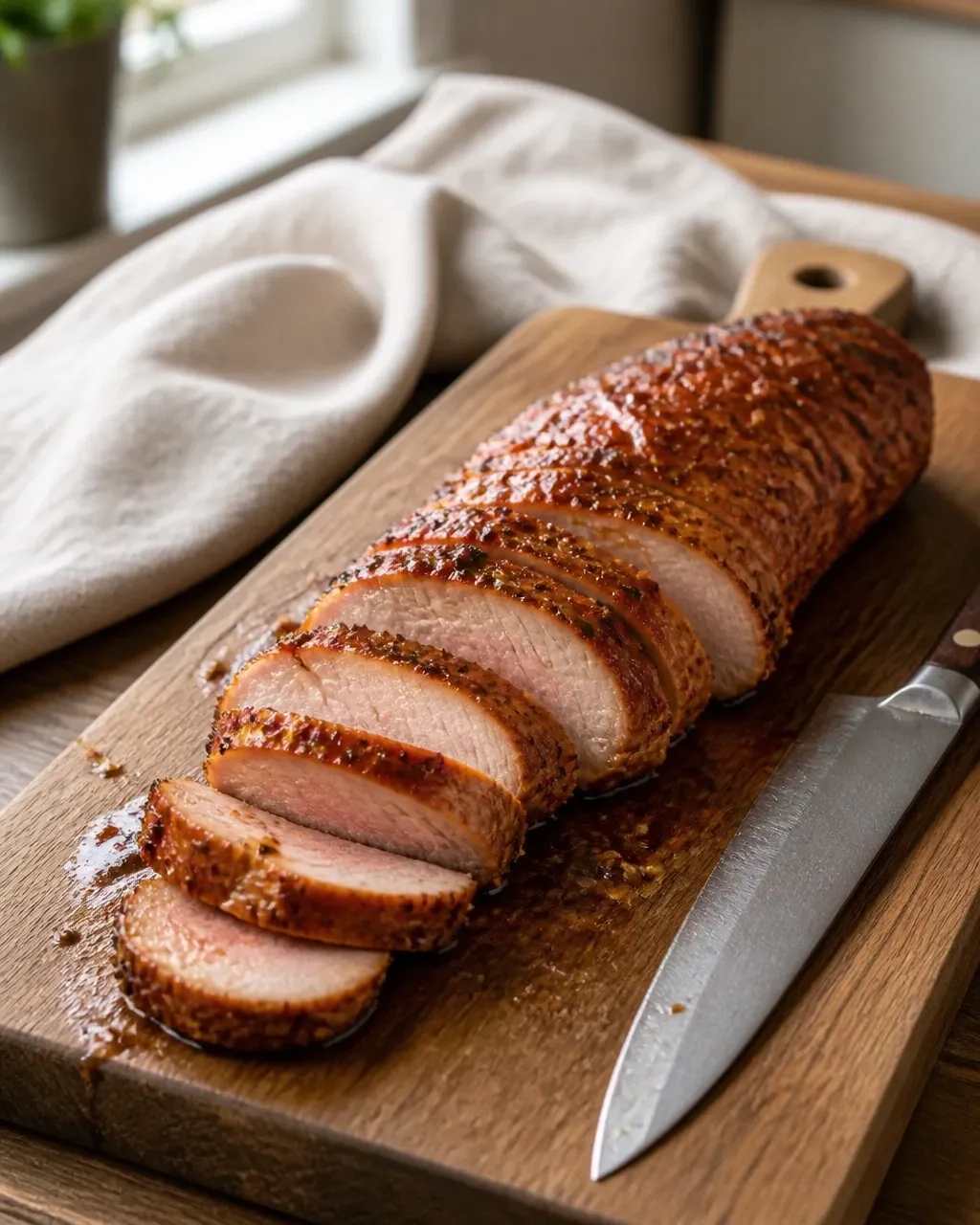 Sliced pork tenderloin showing its smoky crust and moist center